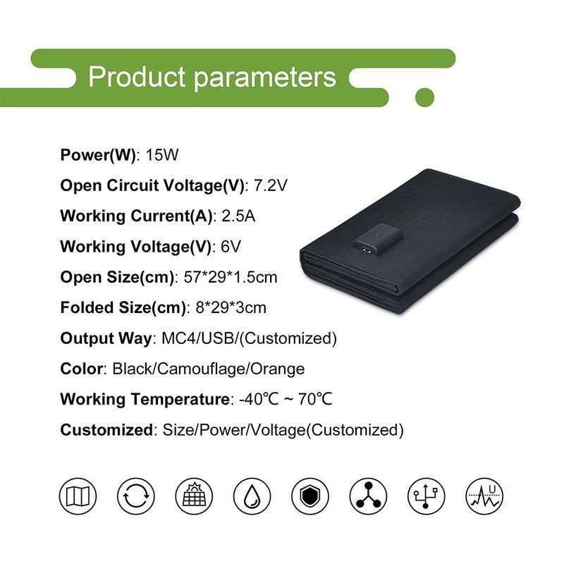 Células de energia solar 14w 15w Painel de carregador de telefone solar dobrável com material de superfície PET/ETFE
