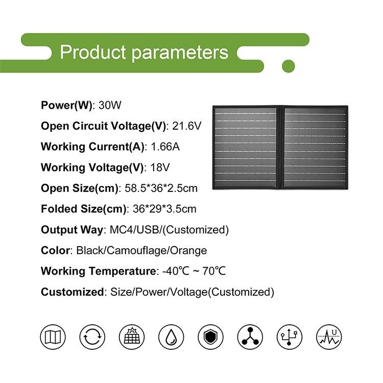 30W 18V painel solar portátil para caravana marinha IP65 resistente a intempéries preto monocristalino